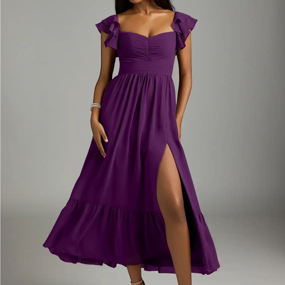 Azazie Purple Midi Dress with Ruffle Sleeves